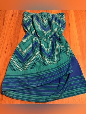Express Strapless Chevron Print Dress in Teal and Navy